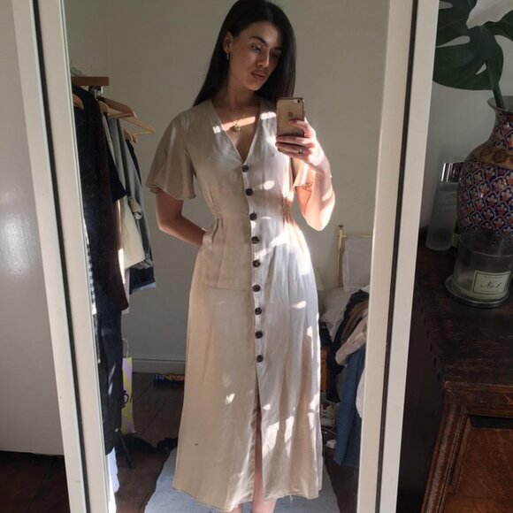 Zara Button Down Lyocell Short Sleeve Midi Dress Cream Nude Size Small - Picture 2 of 7